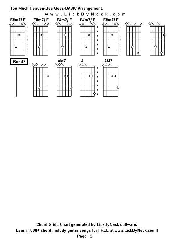 Chord Grids Chart of chord melody fingerstyle guitar song-Too Much Heaven-Bee Gees-BASIC Arrangement,generated by LickByNeck software.